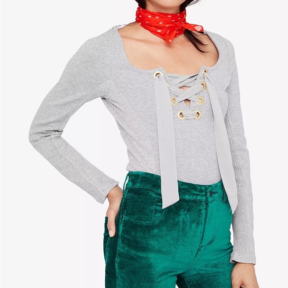Free People Looking Back lace up top Size XS| Grey | NWOT - Picture 4 of 9